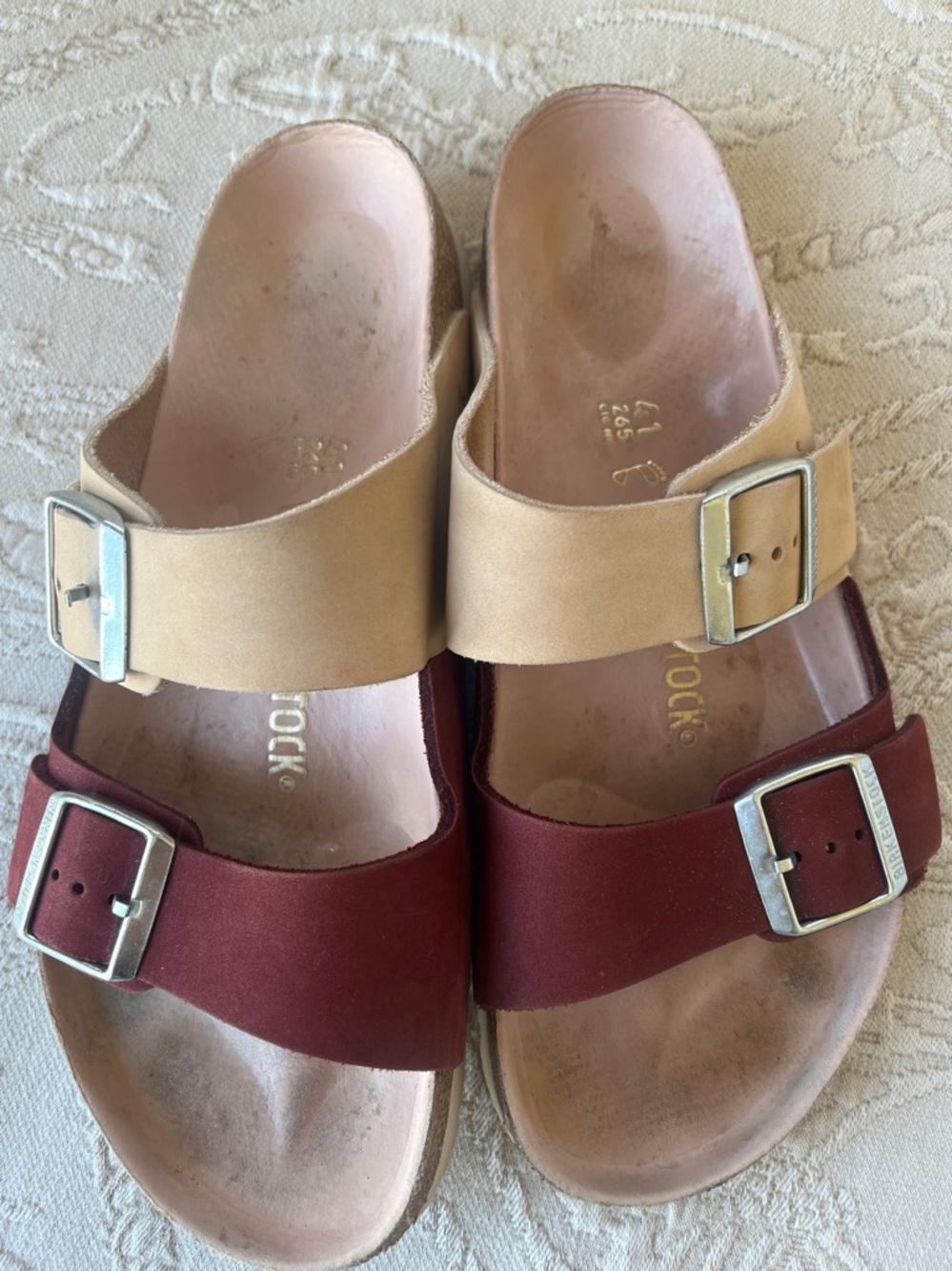 Birkenstock Sandals Beige & Wine Leather Straps Cork Footbed EUC Sz 41